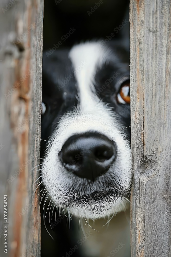 A black-and-white dog sticks its head out of a wooden door through a hole A black-and-white dog sticks its head out of a wooden door through a hole
