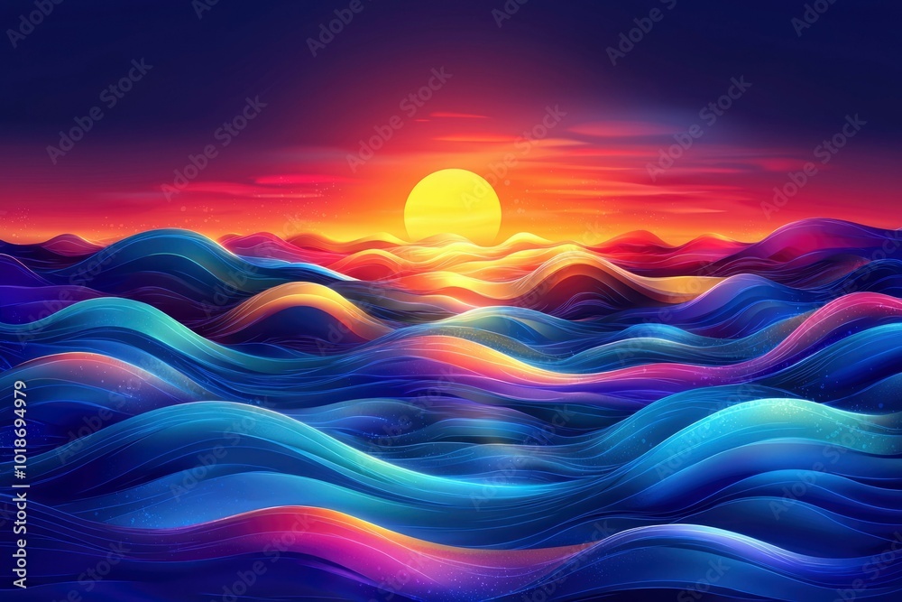 Abstract Sunset Over Wavy Sea With Vibrant Colors