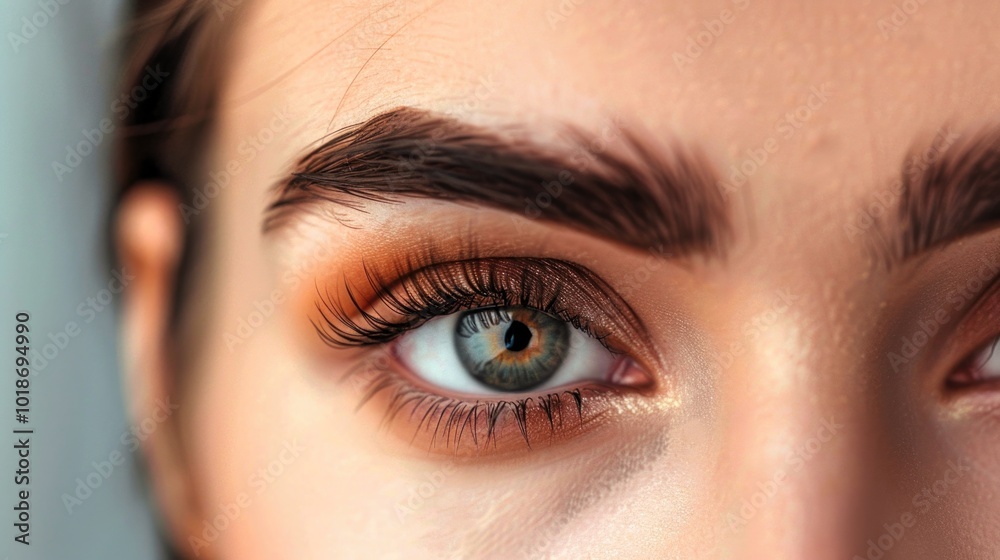 Close up of female eye with bright makeup and brush applying mascara on eyelashes