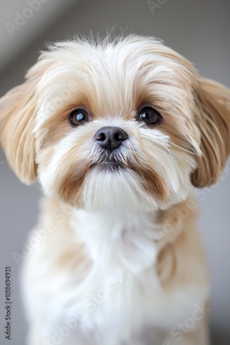 a light brown and white canine with melancholic blue eyes