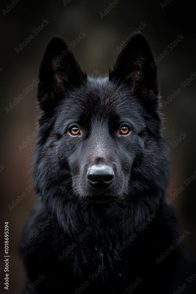 A tight shot of a black dog's intense gaze directly into the camera A tight shot of a black dog's intense gaze directly into the camera