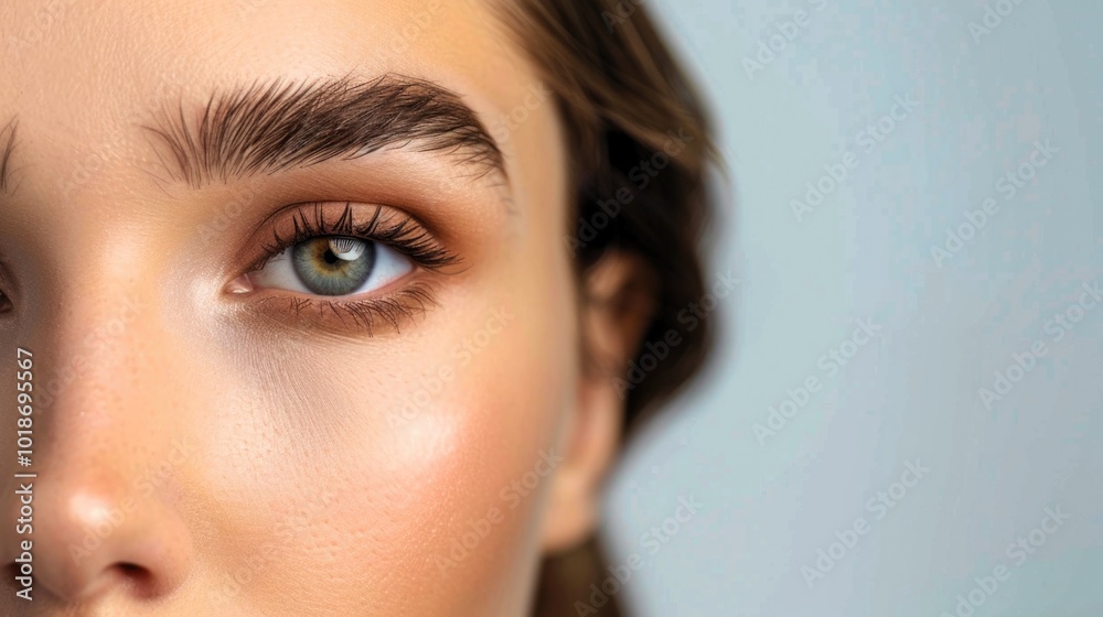 Close up of female eye with bright makeup and brush applying mascara on eyelashes Close up of female eye with bright makeup and brush applying mascara on eyelashes