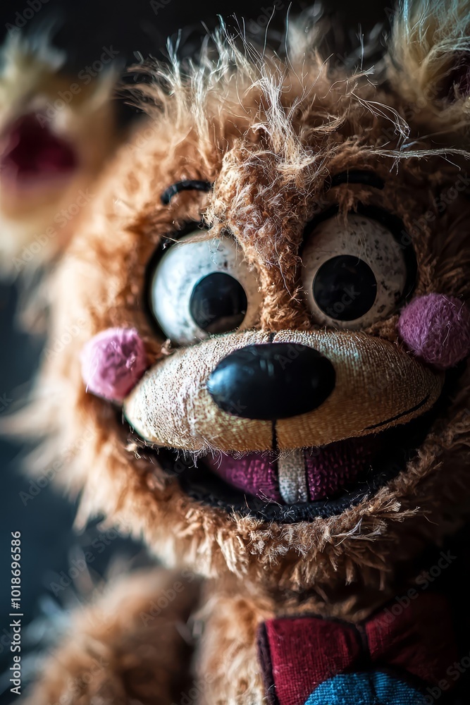 A detailed shot of a toy animal wearing a bowtie, its expression conveying an uncanny, unsettling air A detailed shot of a toy animal wearing a bowtie, its expression conveying an uncanny, unsettling air