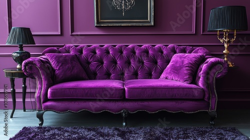 Elegant purple velvet sofa in a stylish living room with rich purple walls and tasteful decor at an evening setting