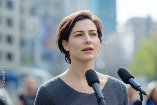 Caucasian politician woman respond to an interview live with microphones on a press conference outside on the city street photo