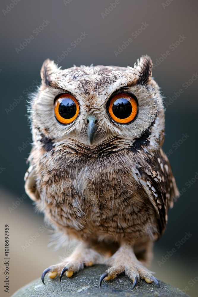 Obraz premium A tiny owl perches on a rock, its orange eyes contrasting the blurred backdrop