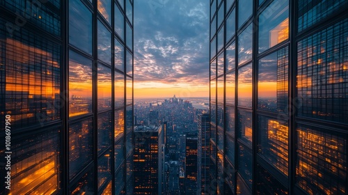 Sunset Reflected in Glass Facade of a Skyscraper with City Skyline in the Distance