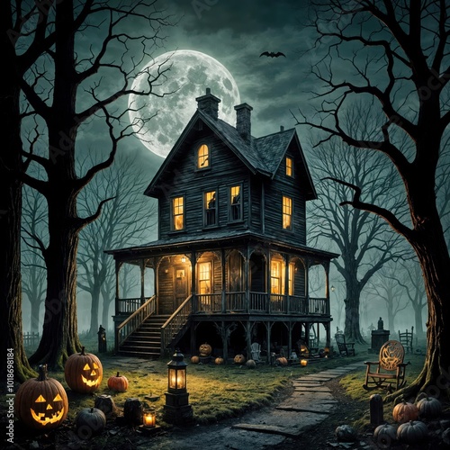 An eerie old house sits under a full moon surrounded by bare trees with glowing jack-o'-lanterns lighting up the yard 