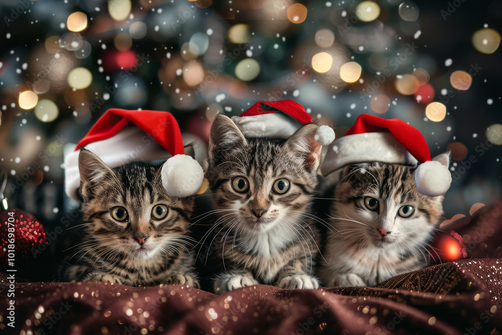 Three cats wearing Santa hats are sitting on a bed