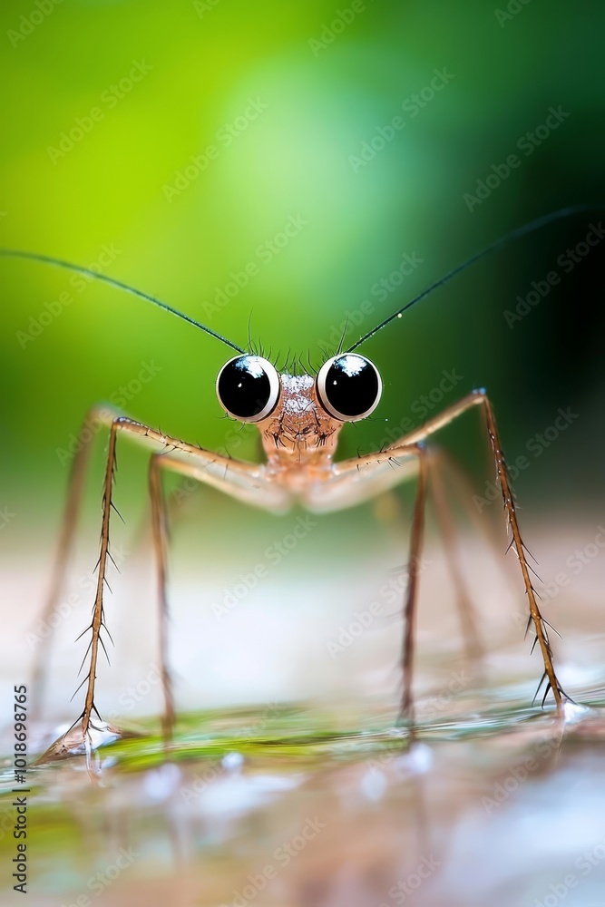 A tight shot of a tiny insect, displaying two eyes on its face, and a body of water in proximity A tight shot of a tiny insect, displaying two eyes on its face, and a body of water in proximity
