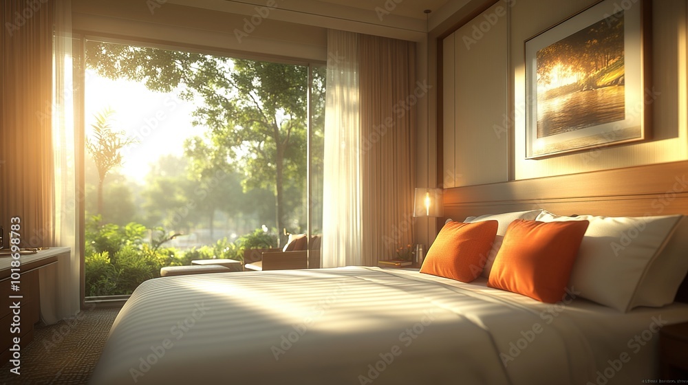Bright and serene hotel room with nature view. Bright and serene hotel room with nature view.