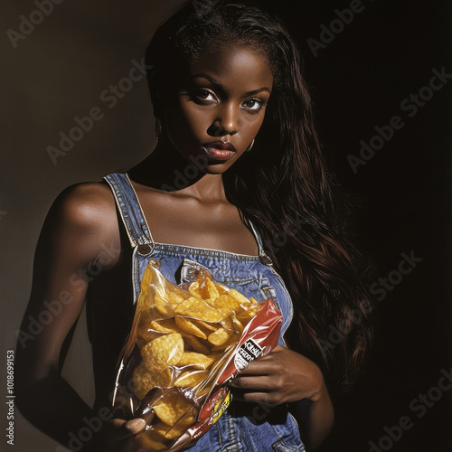 Beautiful young African American girl carrying a bag of potato chips on plain background photo