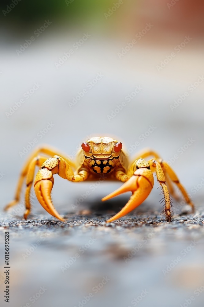 A tight shot of a yellow crab on the ground, with spread-out legs and widened eyes A tight shot of a yellow crab on the ground, with spread-out legs and widened eyes