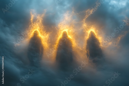 Three ethereal figures emerge from a dramatic sky, radiating mystical energy.