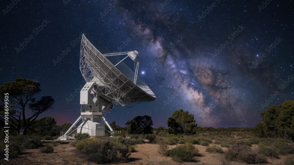Satellite dish under a starry sky with the Milky Way visible. Satellite dish under a starry sky with the Milky Way visible.
