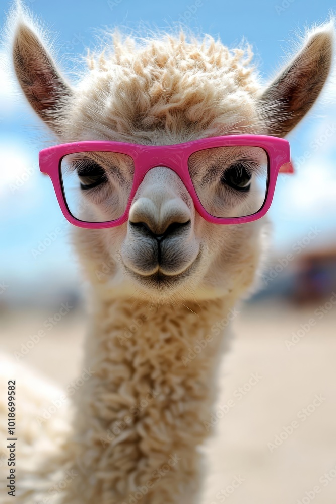 Obraz premium A tight shot of a llama donning pink glasses against a backdrop of a blue sky