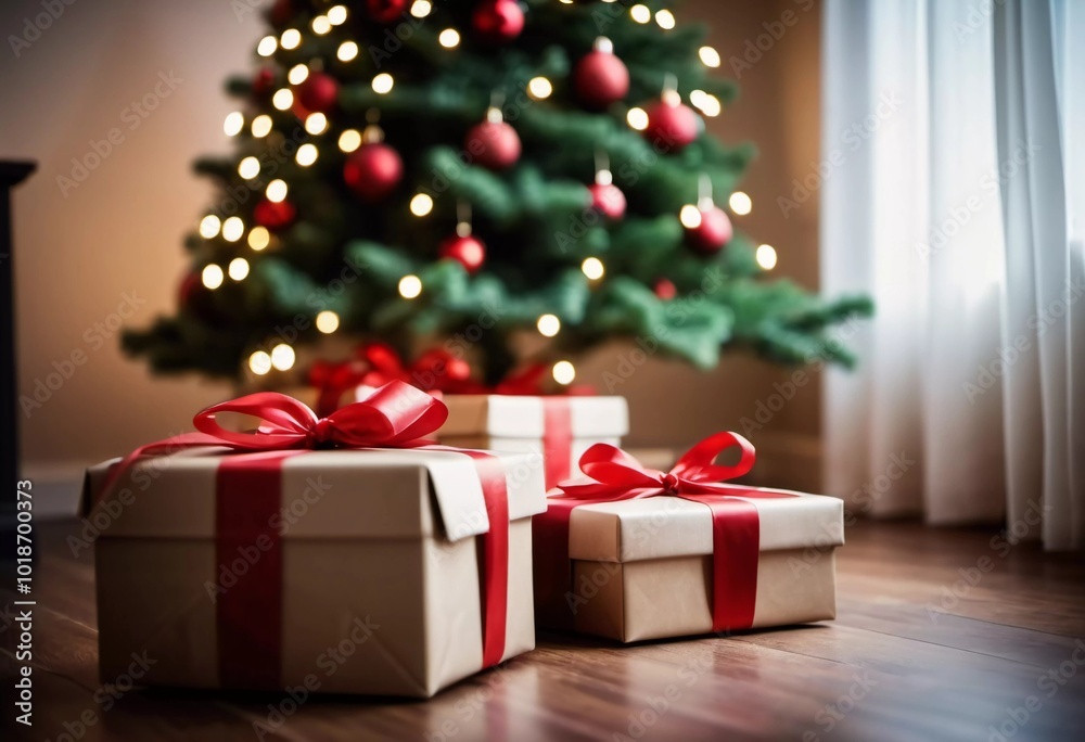 A cozy living room adorned with a festive Christmas tree, decorated with sparkling lights and colorful baubles, surrounded by a variety of thoughtfully wrapped gift boxes waiting to be opened. AI art A cozy living room adorned with a festive Christmas tree, decorated with sparkling lights and colorful baubles, surrounded by a variety of thoughtfully wrapped gift boxes waiting to be opened. AI art