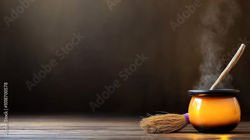 A steaming cauldron with a wooden spoon and broom, creating a mystical atmosphere. photo