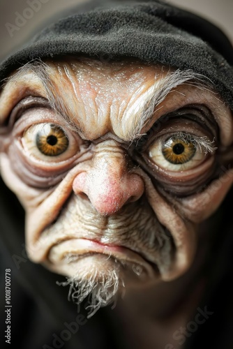  A tight shot of an elderly man donning a black hat and black hoodie, expressing astonishment