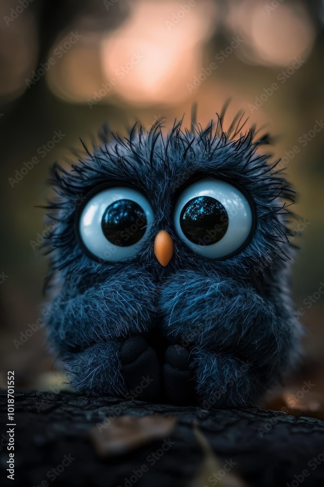 Obraz premium A tight shot of a plush toy, its large, expressive eyes conveying sadness, set against a soft, out-of-focus backdrop