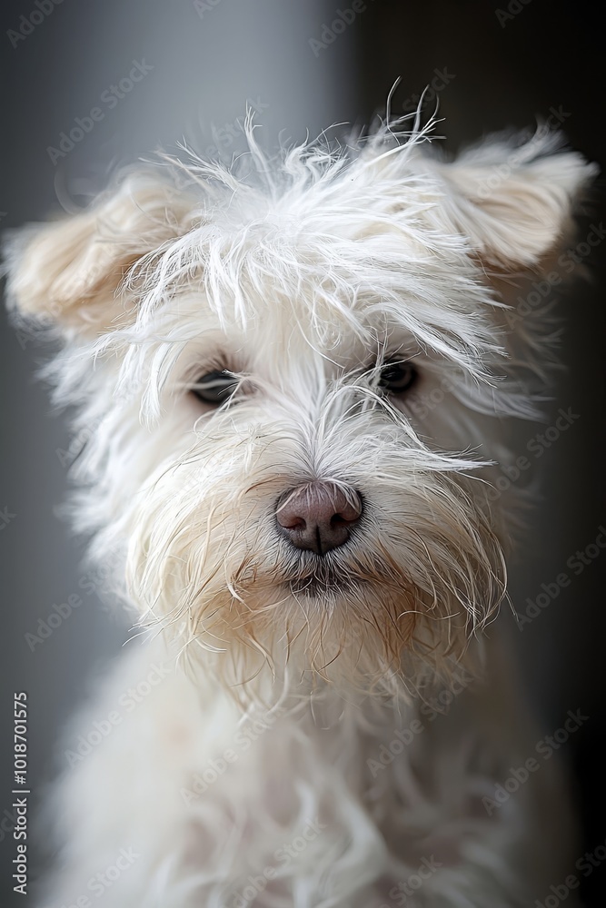 Up-close image of a dog's head, covered in white fur against a black backdrop Up-close image of a dog's head, covered in white fur against a black backdrop