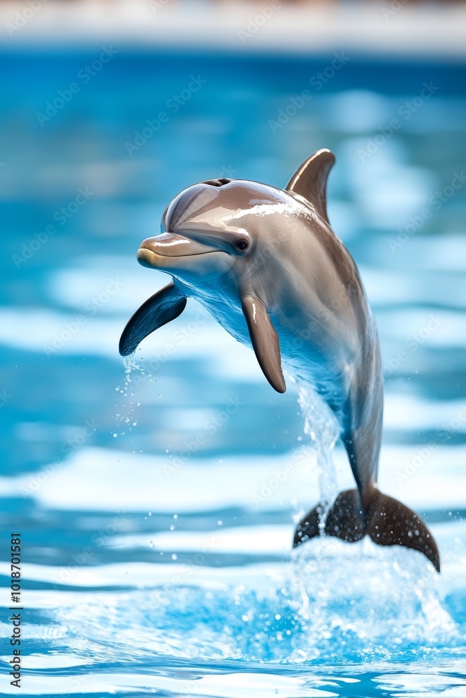 Naklejka premium A dolphin leaps from the water, mouth agape, head above surface