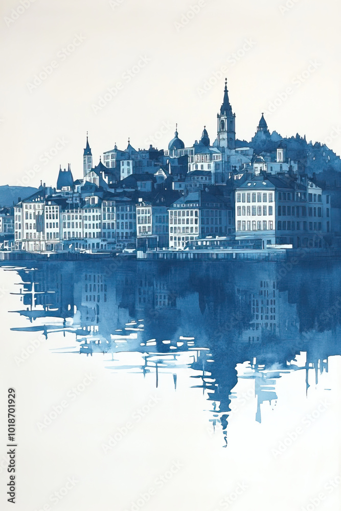 Fototapeta premium Oslo, Norway, color wood block print effect. Woodblock printing. Graphic designed, illustration for travel poster, card, wallpaper, backdrop or banner. Modern, clear, artistic and simple