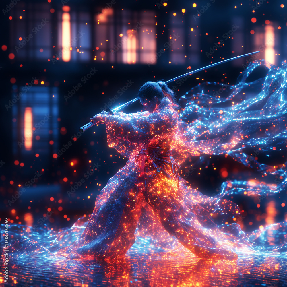 a ghostly samurai wearing translucent, glowing armor that shifts in color, wield a katana that leaves trails of light in the air as he strikes (video game avatar) generative ai a ghostly samurai wearing translucent, glowing armor that shifts in color, wield a katana that leaves trails of light in the air as he strikes (video game avatar) generative ai