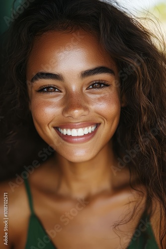  A tight shot of a person smiling while holding a cell phone before their face