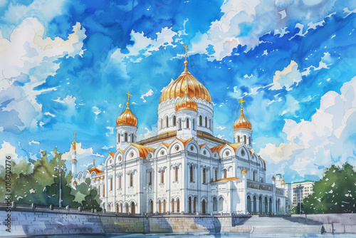 A large white building with a gold dome and a cross on top
