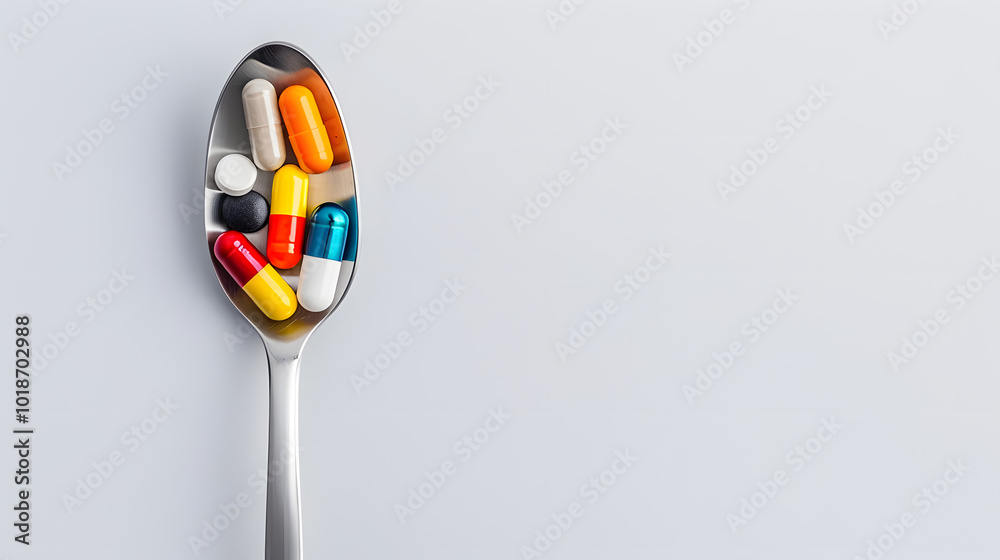 Various Pills Neatly Placed on Spoon | Organised Display of Medication for Health and Wellness Various Pills Neatly Placed on Spoon | Organised Display of Medication for Health and Wellness