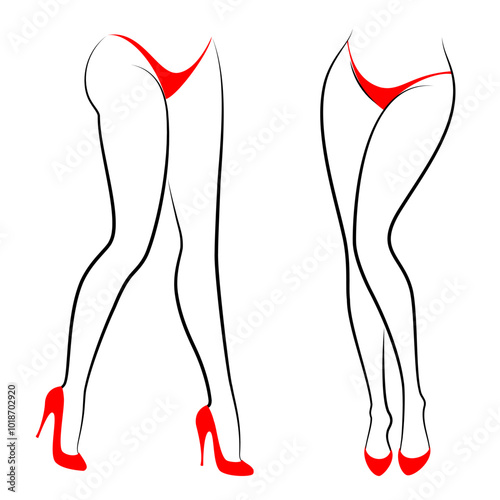 Collection. Silhouette of a beautiful female figure, legs in red high-heeled shoes and a bikini. Standing method. The mouth is thin. Set of vector illustrations.