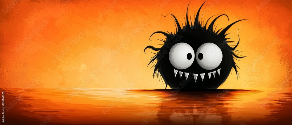 Fototapeta premium A charming monster with a broad grin and an orange backdrop faces a body of water