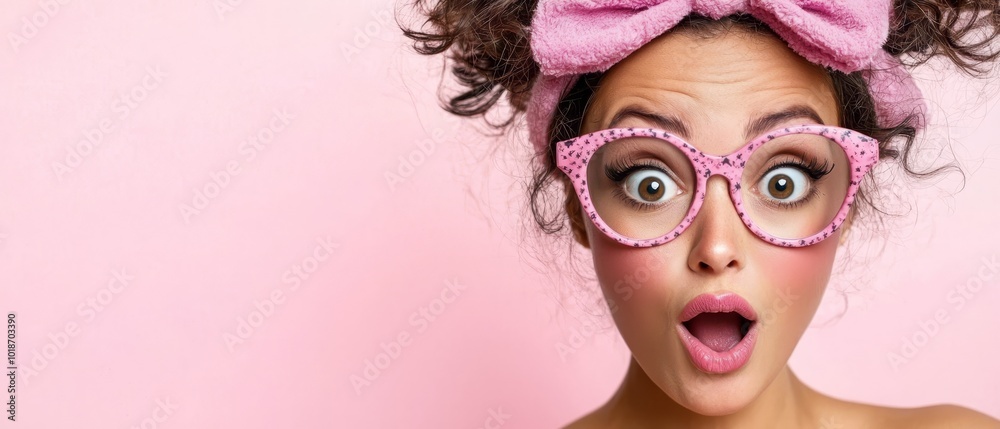  A woman in pink glasses and a pink bow surprises, sticking out her tongue