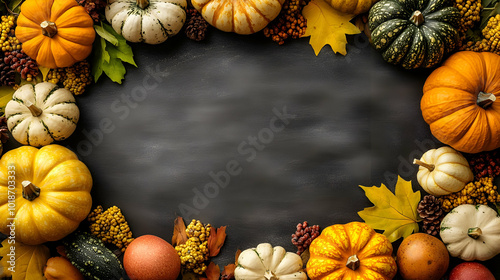 Autumnal Pumpkins and Fall Leaves Create a Festive Border Around a Dark Background