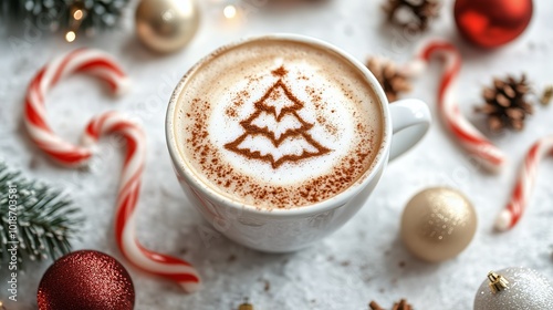 Festive Cappuccino With Christmas Tree Latte Art And Holiday Decorations