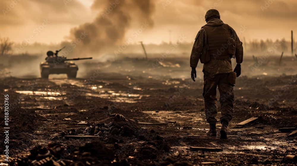 Soldier Walking Through a War-Torn Landscape at Sunset Soldier Walking Through a War-Torn Landscape at Sunset