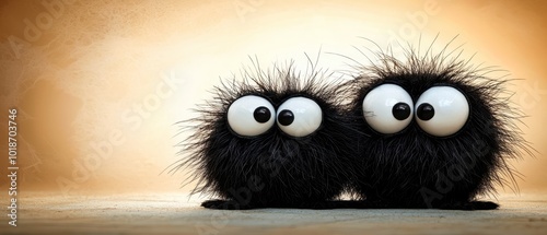  A tight shot of two plush toys, each featuring oversized eyes and fluffy backs One gazes directly into the lens, while the other gazes in that direction as well