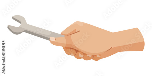 A hand grasping a wrench, showcasing a cartoon style on a plain background. Vector illustration