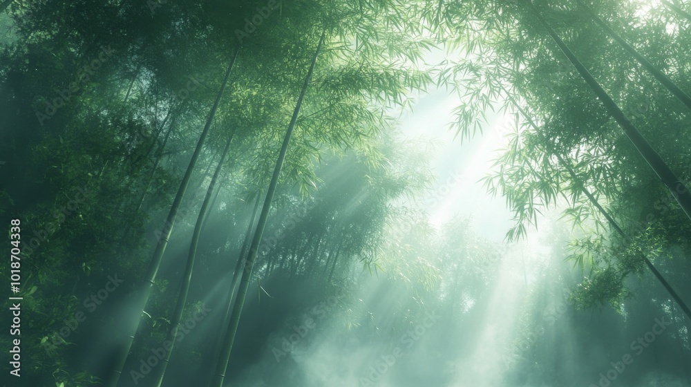 Obraz premium Sunlight Filtering Through Misty Bamboo Forest