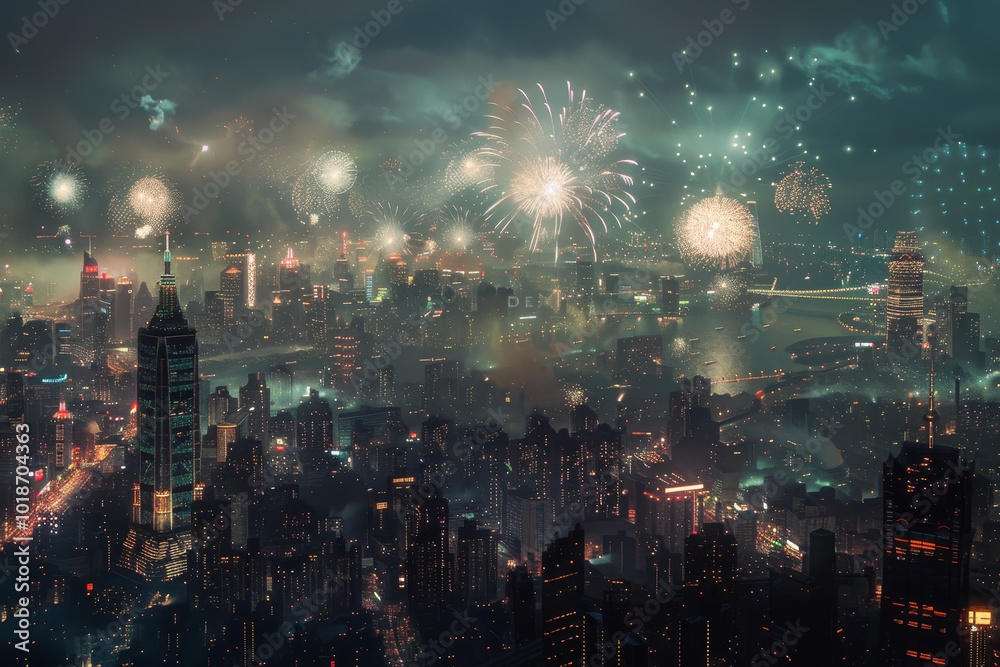 A city skyline with fireworks in the background A city skyline with fireworks in the background