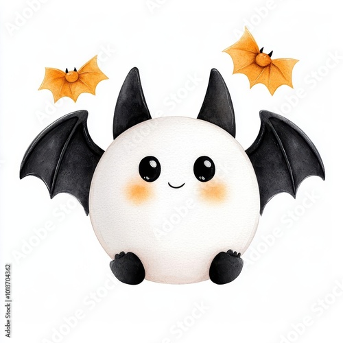 Cute cartoon bat character with smile and tiny wings, surrounded by cheerful bats on a white background. photo