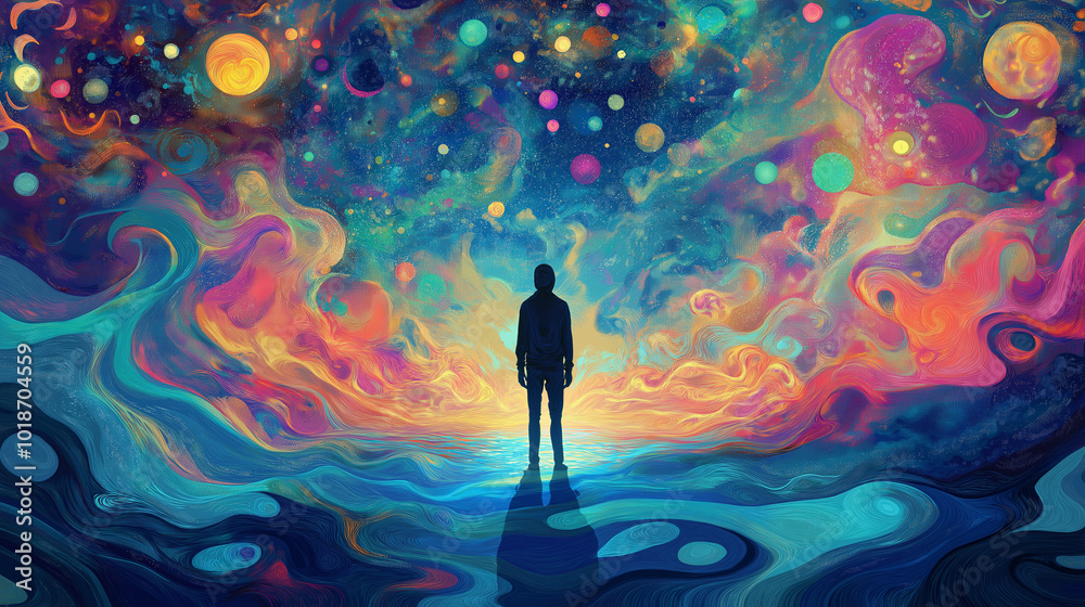 A figure stands against a vibrant cosmic backdrop filled with planets, colors, and swirling patterns in a dreamlike landscape A figure stands against a vibrant cosmic backdrop filled with planets, colors, and swirling patterns in a dreamlike landscape