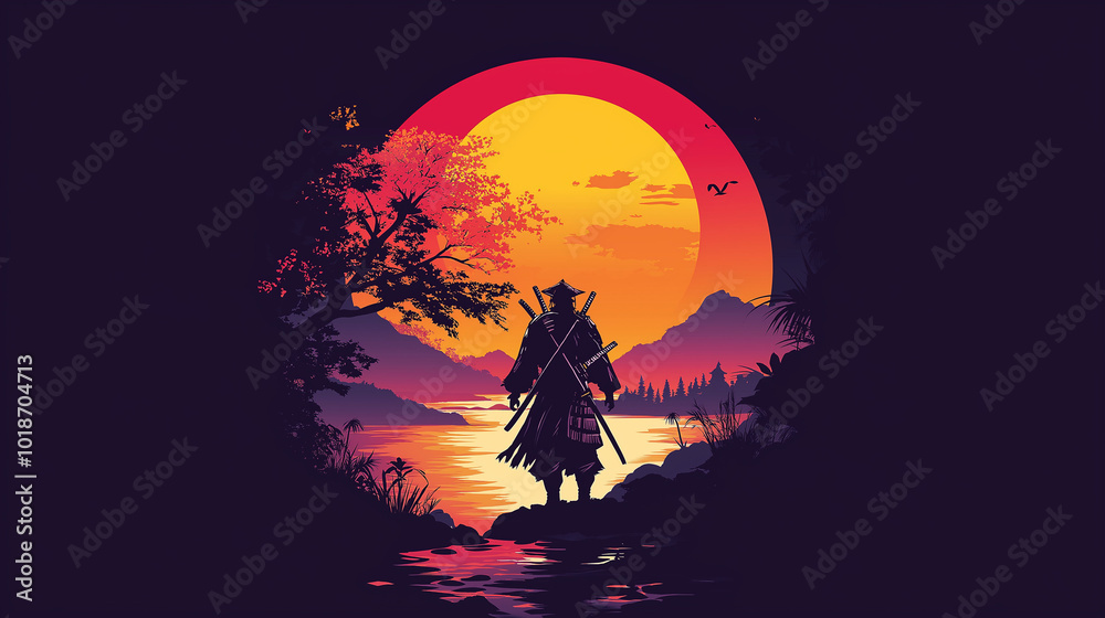 Fototapeta premium A lone warrior stands silhouetted against a vibrant sunset by a tranquil lake surrounded by mountains and trees