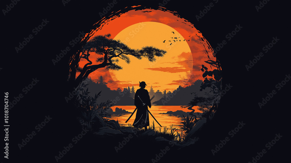 A lone warrior stands by a serene lake as the sun sets behind the mountains, casting a warm glow over the landscape in tranquil solitude A lone warrior stands by a serene lake as the sun sets behind the mountains, casting a warm glow over the landscape in tranquil solitude