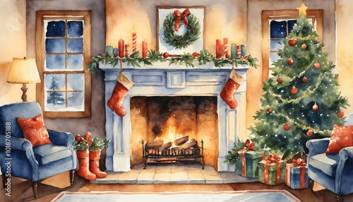 Cozy Christmas living room interior with fireplace and tree in warm watercolor style