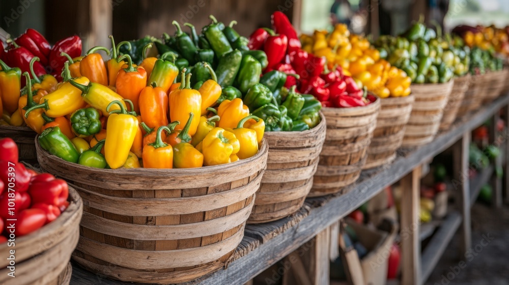 Assortment of Red, Yellow, and Green Bell Peppers in Wooden Baskets Assortment of Red, Yellow, and Green Bell Peppers in Wooden Baskets