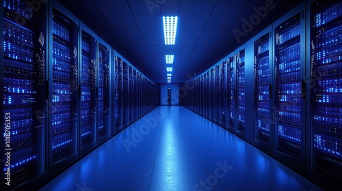 Data center corridor with blue lighting and servers.