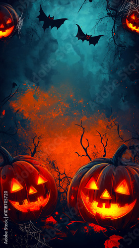 Spooky Halloween-themed illustration with glowing jack-o'-lanterns, flying bats, cobwebs, and eerie, twisted tree branches set against dark background. For Halloween events, sales banners, invitations