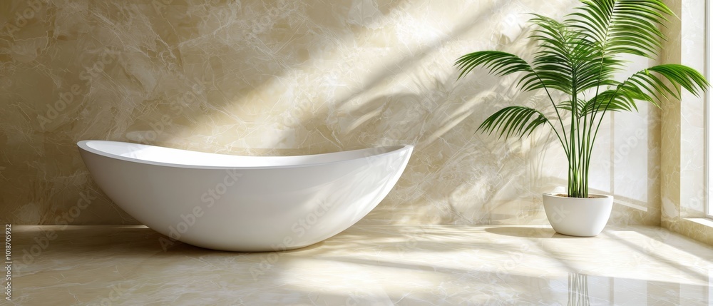 A large, white bathtub sits next to a potted plant on a sunlit window sill, near the window A large, white bathtub sits next to a potted plant on a sunlit window sill, near the window